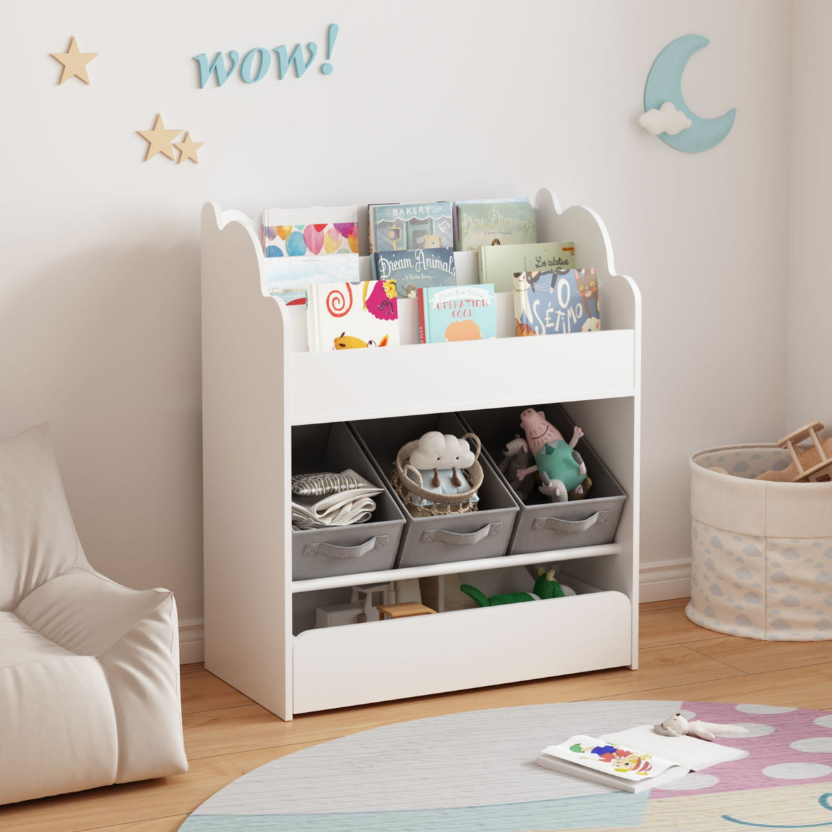 Bookshelf With Storage Bins And Drawer, Multi-Functional Book Organizer For Toddlers - White