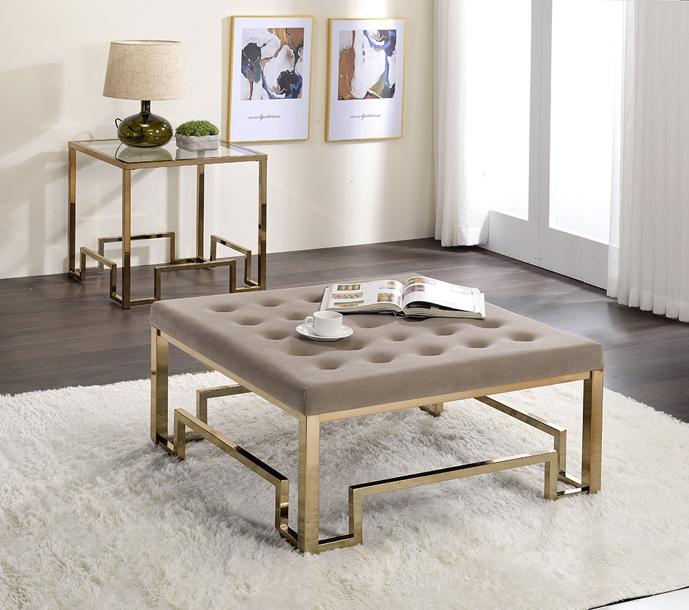 Damien Beige Fabric & Champagne Finish Cocktail Ottoman