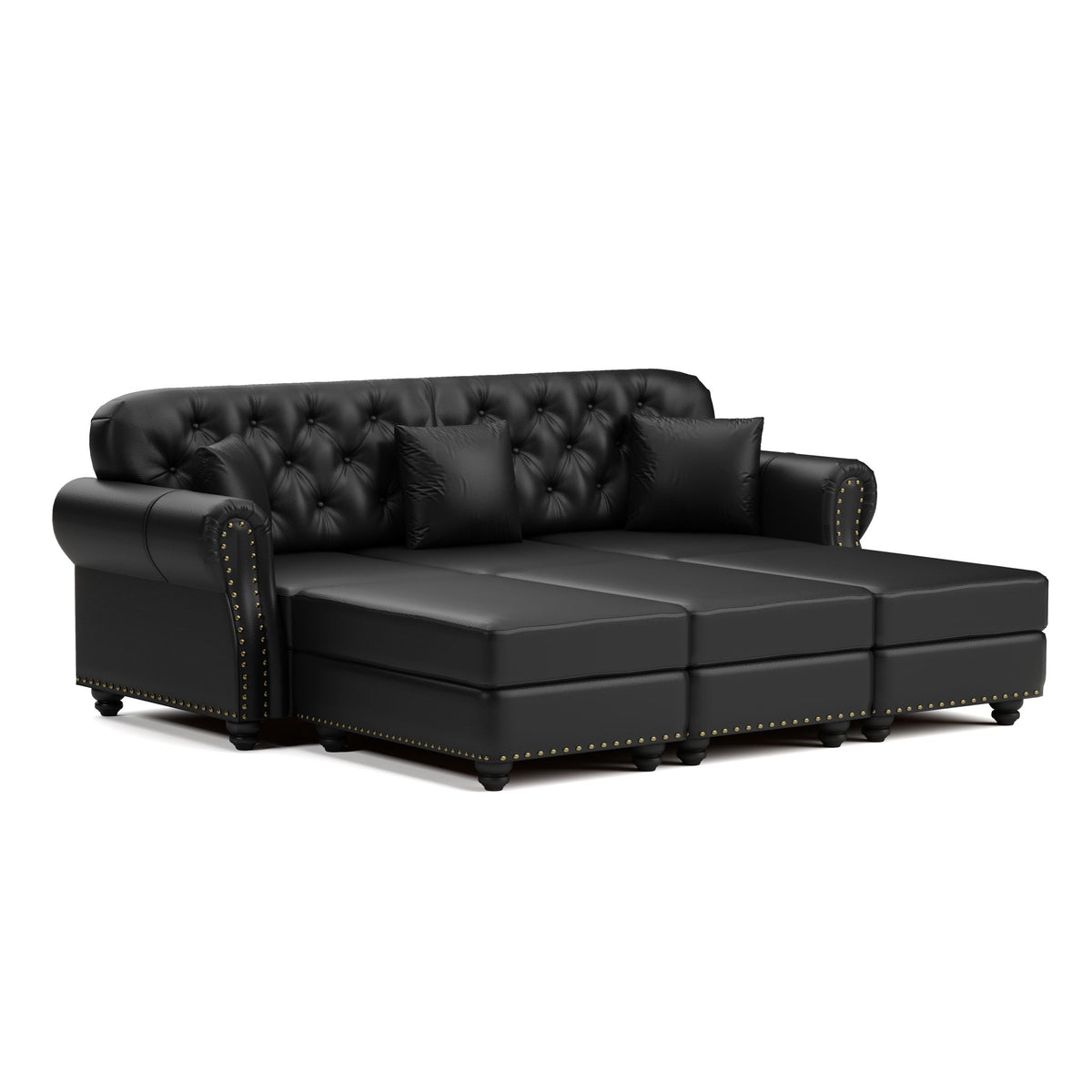 Upholstered Sofa With Nailhead Trim, Rolled Armrests With Ottoman
