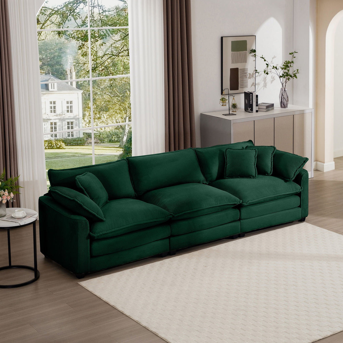 Mid-Century Modern 3 Seater Sectional Sofa with Arm and Throw Pillows - Fabric