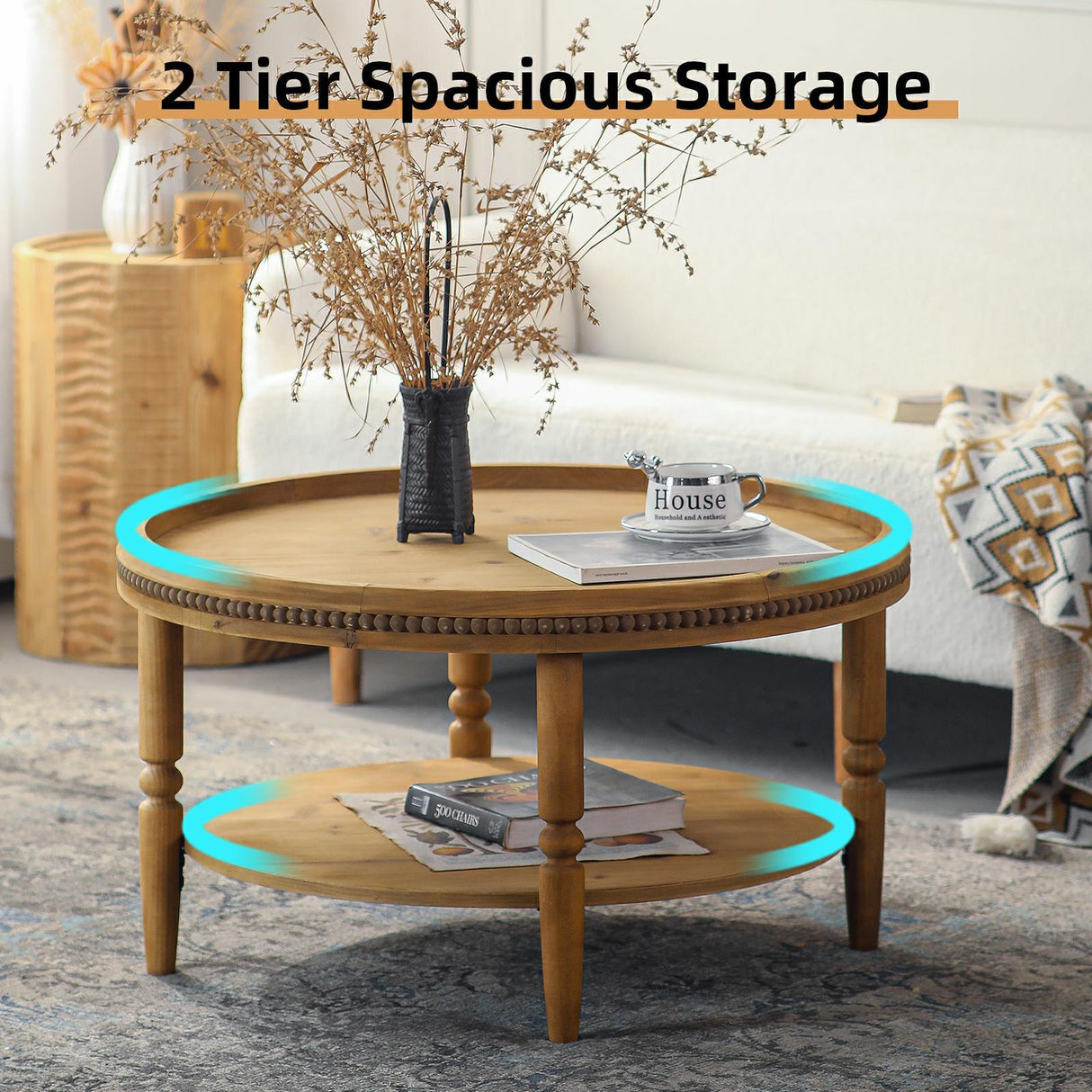31.3' Round Boho Coffee Table with Storage Shelf