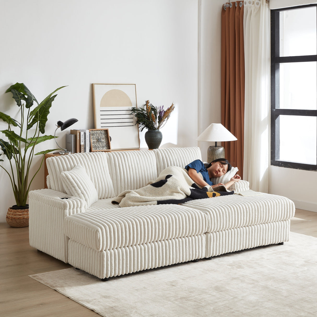 84-Inch Corduroy 3-Seater Sofa with Pillows and Ottomans