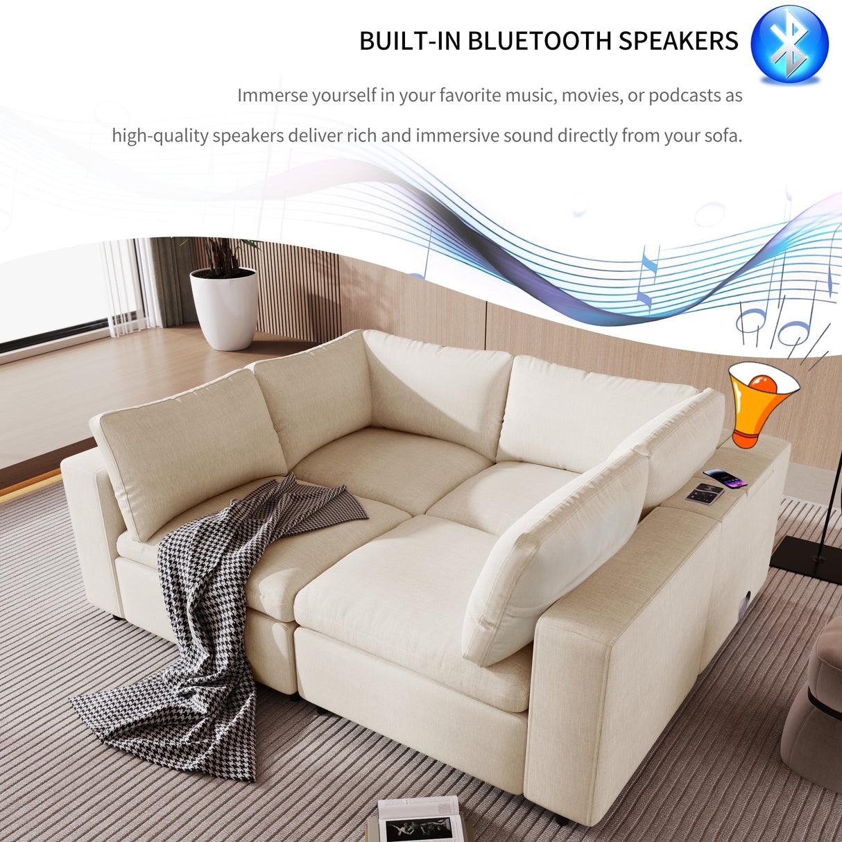 U-style Upholstered Modular Sofa With Storage Space and USB Charge Ports