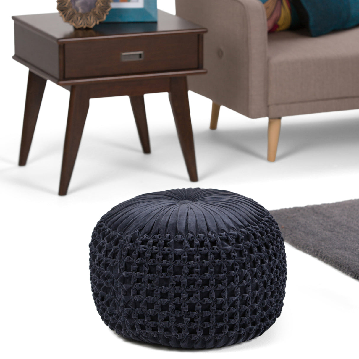 Renee Round Pouf Navy Velvet Cotton Accent Stool