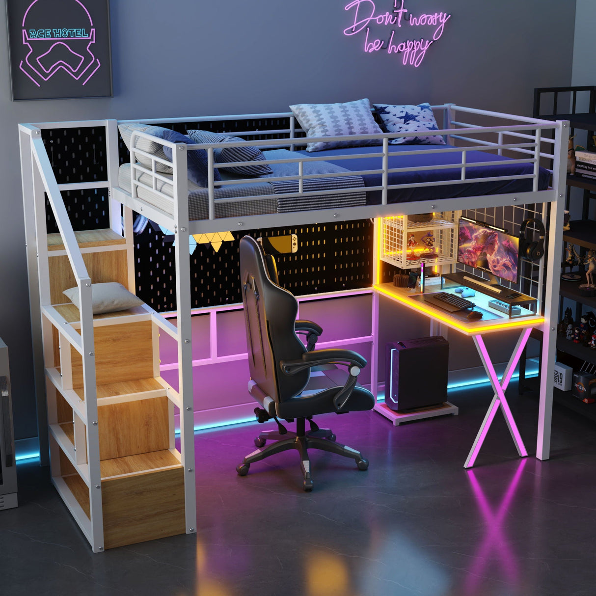 Loft Bed With Built In Work Station, Wardrobe, Storage Staircase And LED