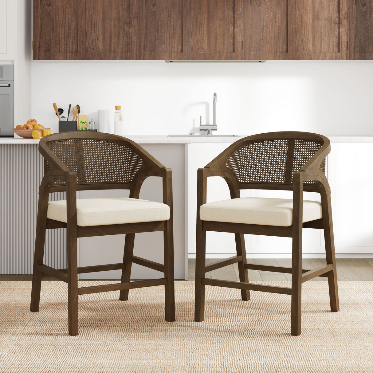 Wooden Frame Counter Stool With Rattan Back - Set of 2