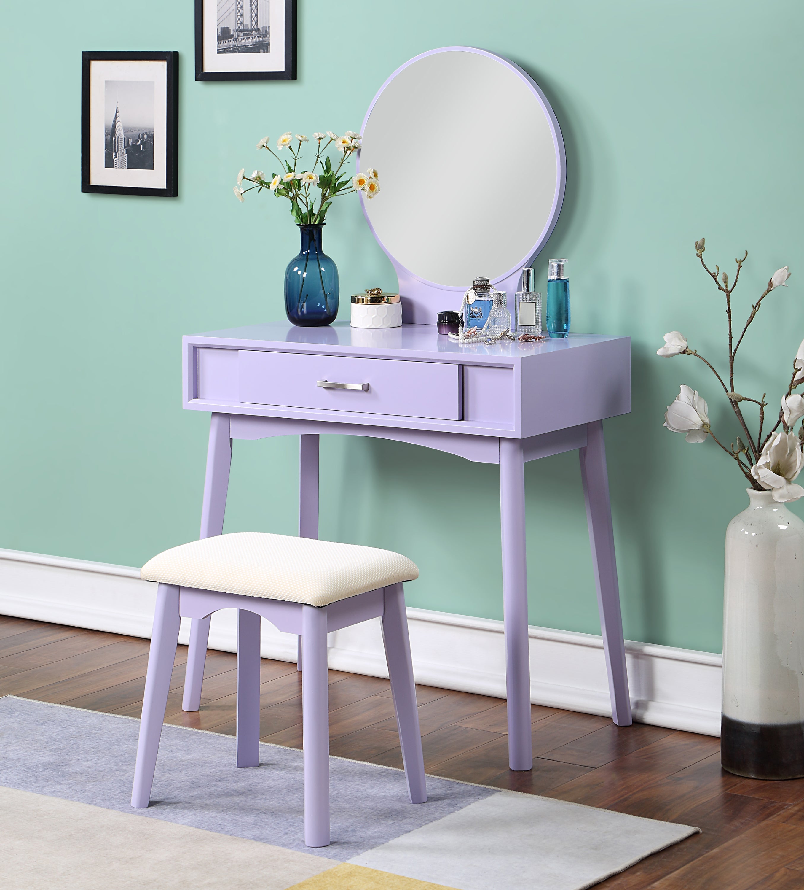 Maly-Contemporary-Wood-Vanity-and-Stool-Set,-Purple-