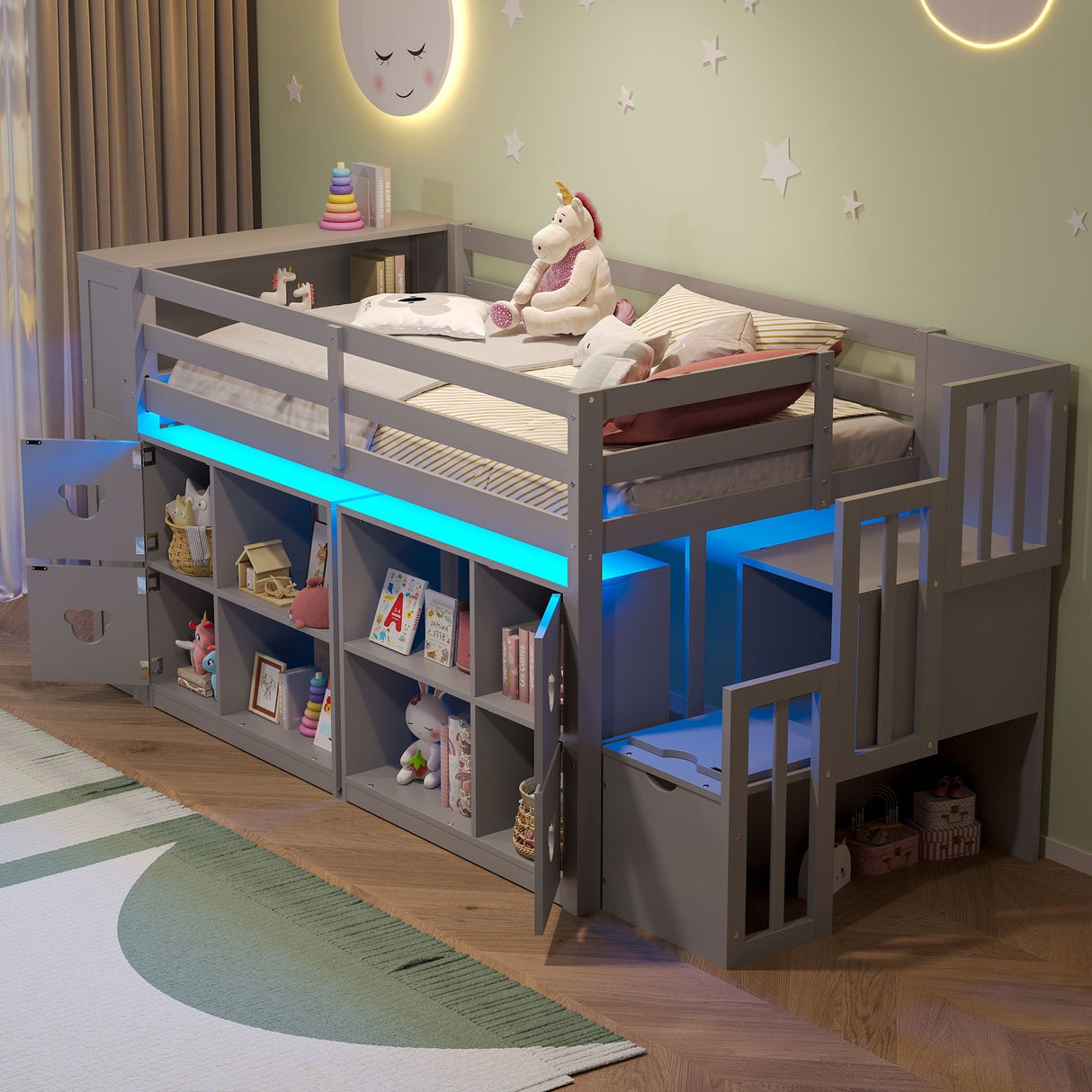 Loft Bed with Storage Cabinets, Staircase Drawers & LED Lights