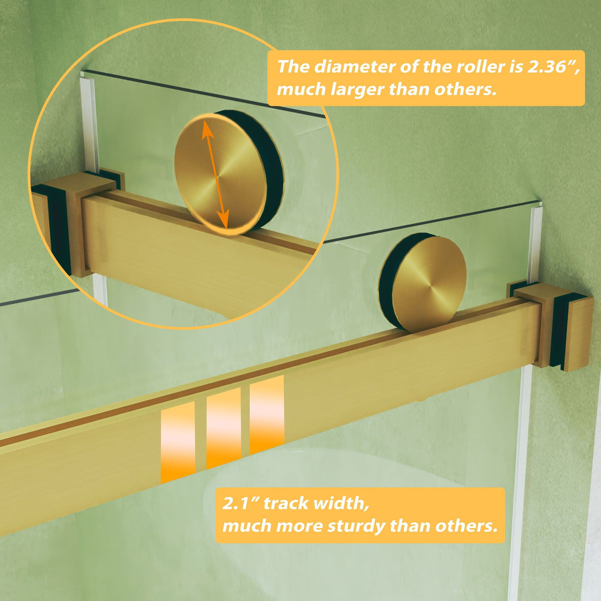 Frameless Double Sliding Shower Door, Tempered Glass, Explosion Proof Film, Square Tube Track - Brushed Gold