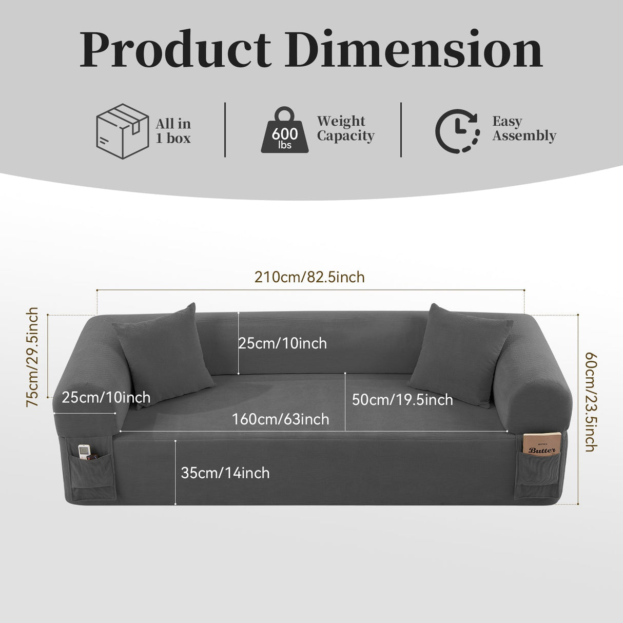 Spring Sofa with High-Quality Fabric, Pillows & Storage - Gray