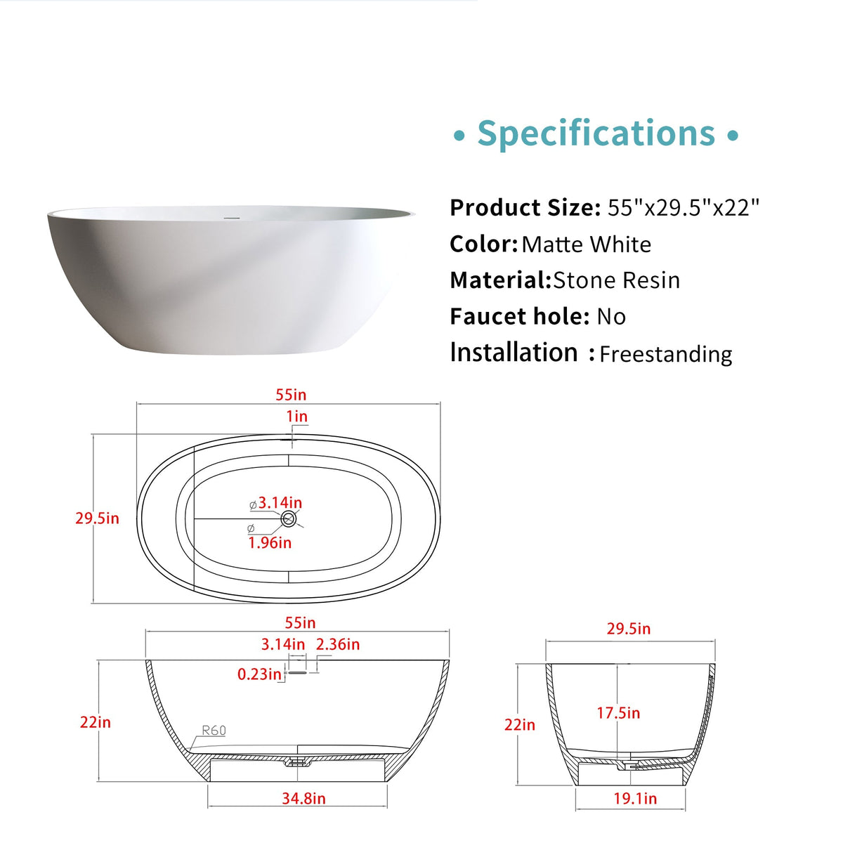 55" Solid Surface Matte Tub - Freestanding Soaking Bathtub