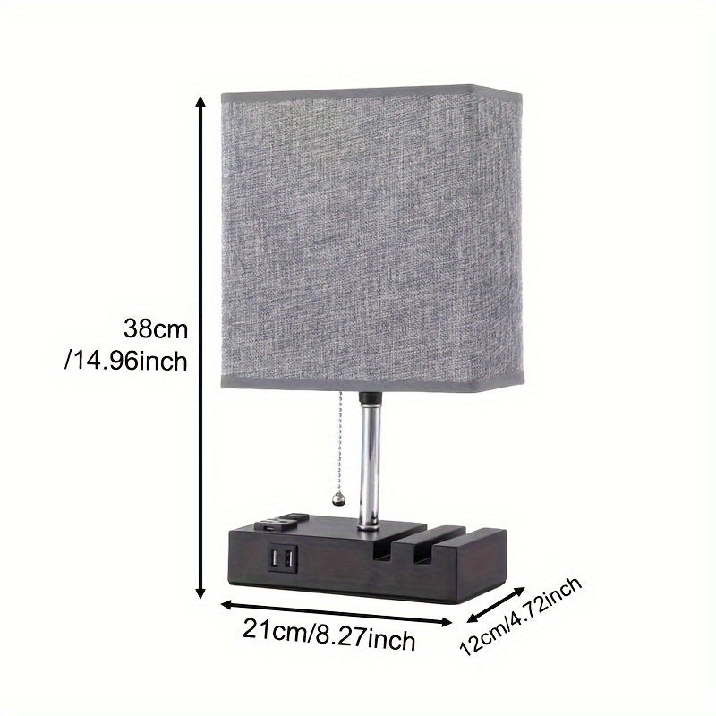 USB Table Lamp with AC Outlet – 3 Color Bedside Lamp with Fabric Shade & Bulb