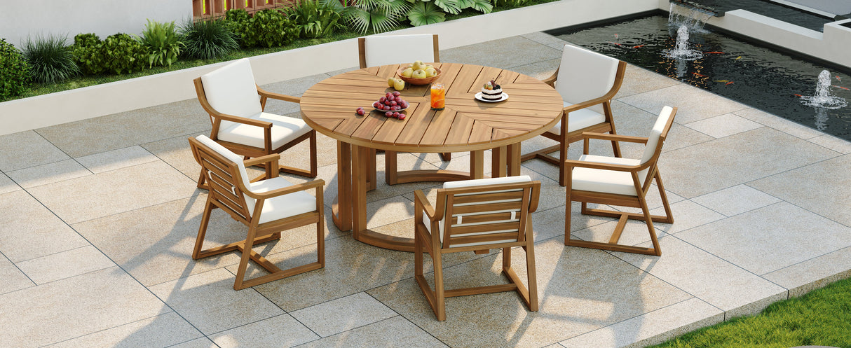 TREXM Patio Dining Table Set for 6, Round Dining Table with Cushions