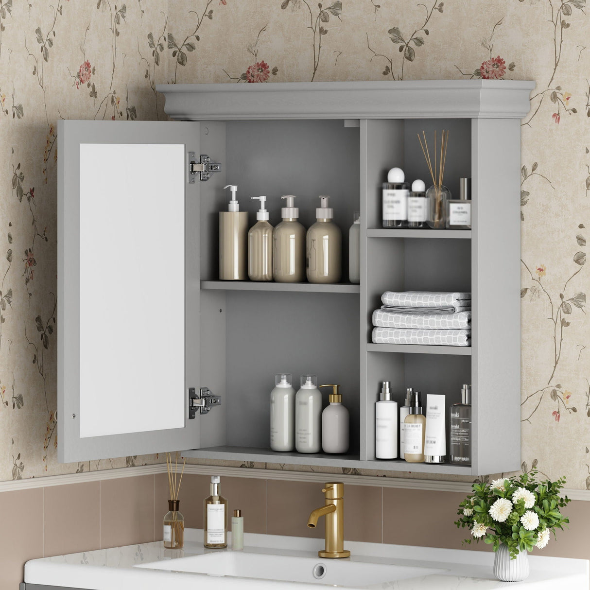 Wall Mounted Bathroom Medicine Cabinet with Mirror and Adjustable Storage