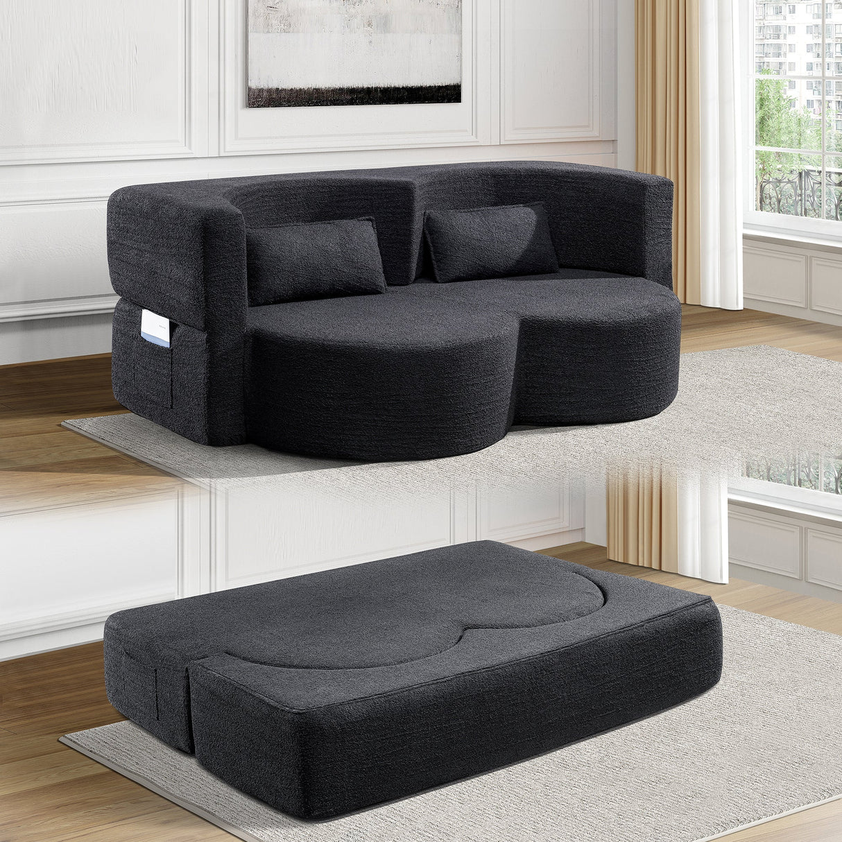 Folding Sofa Bed in Black Teddy Bear Fabric