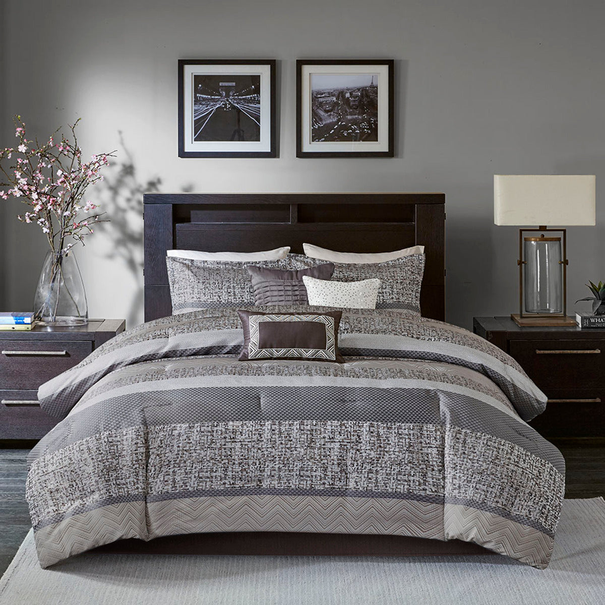 7 Piece Jacquard Comforter Set Grey/Taupe Cal King