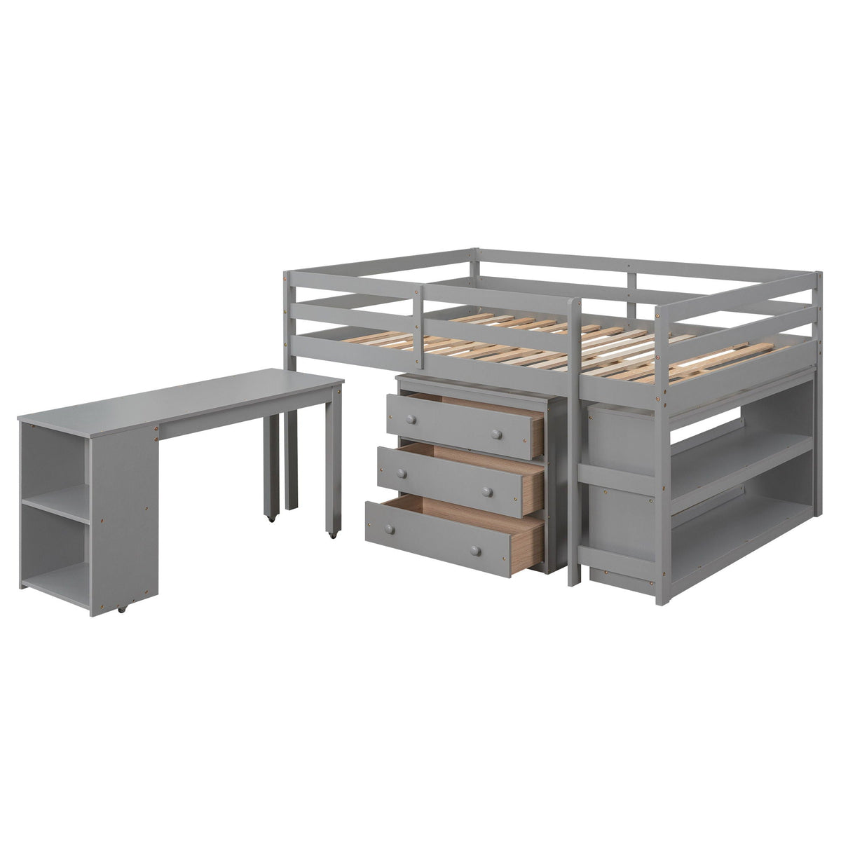 Loft Low Study Bed With Cabinet, Shelves And Rolling Portable Desk, Multiple Functions