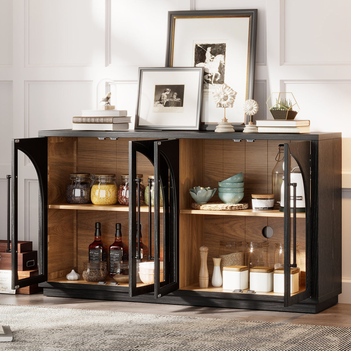 4-Door Large Storage Sideboard Buffet Cabinet with Glass Doors (Black)