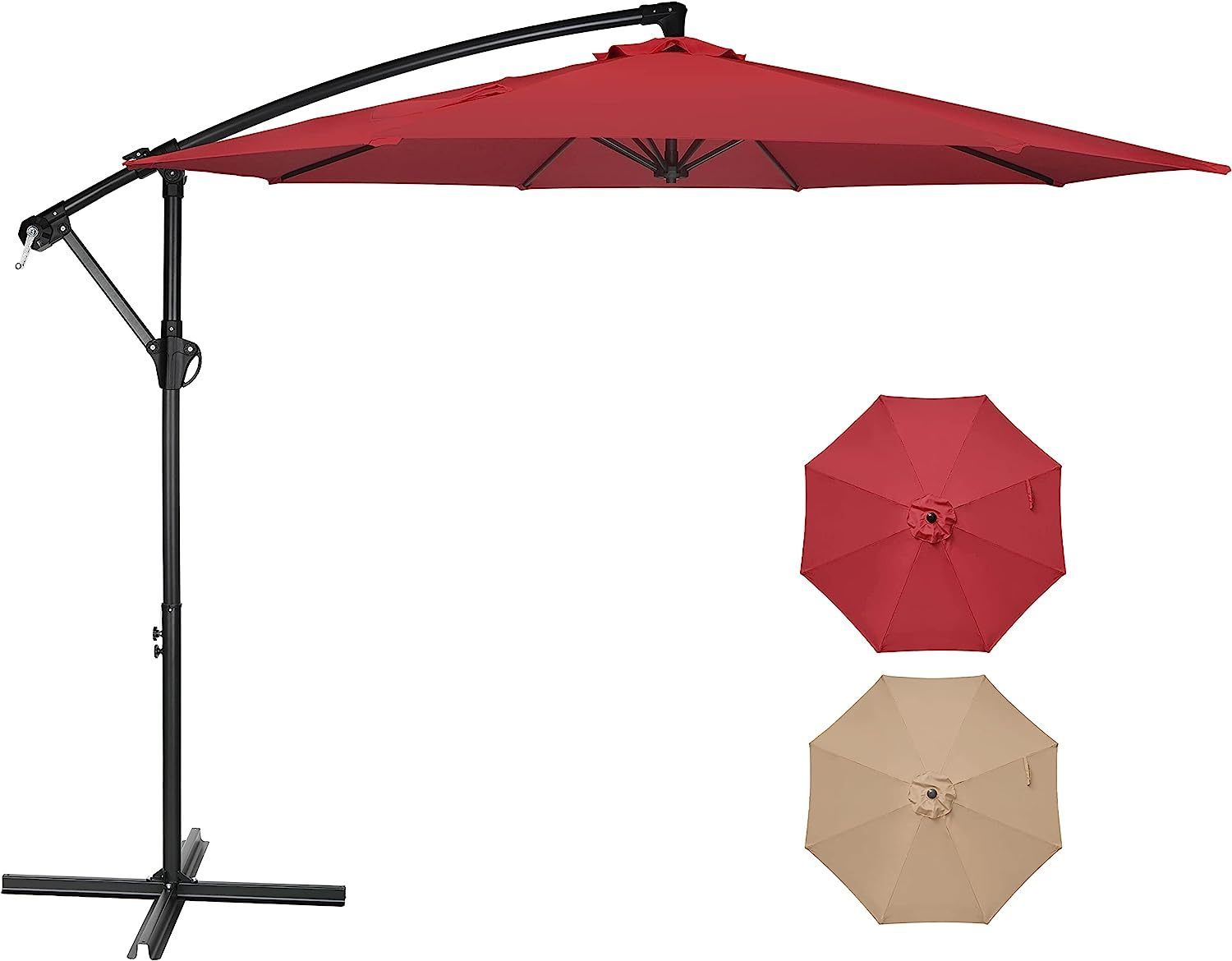 10ft-Offset-Umbrella-Cantilever-Patio-Hanging-Umbrella-Outdoor-Market-Umbrella-with-Crank-&-Cross-Base-,-Red-Umbrellas-&-Sunshades