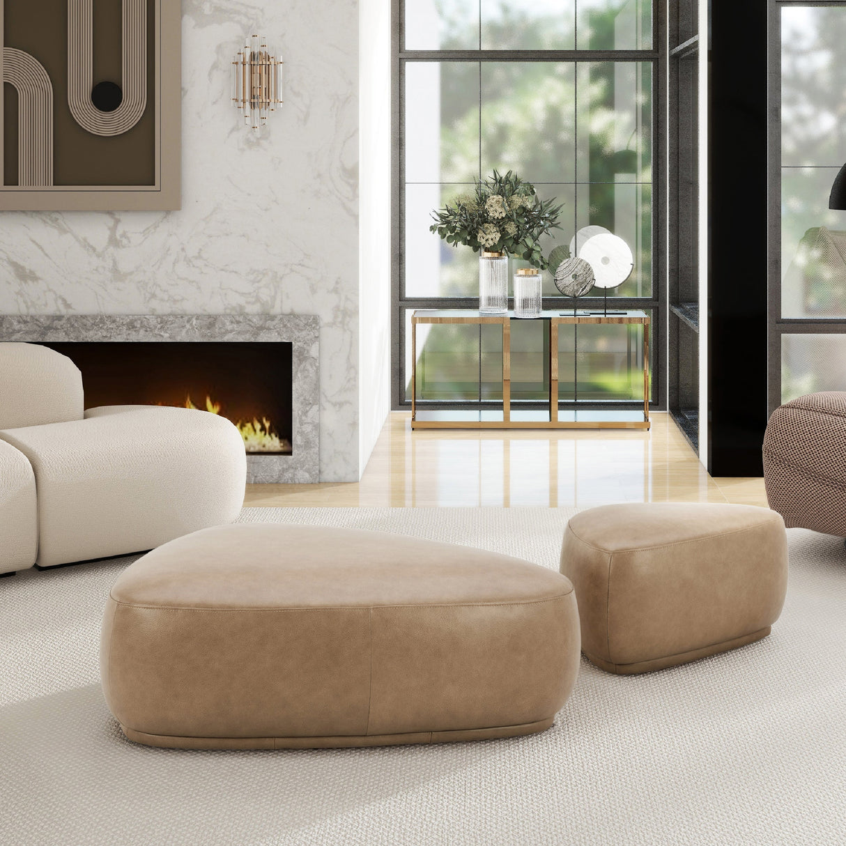Pebble 44" Rounded Triangle Cocktail Ottoman in Tuscan Tan Brown Leather