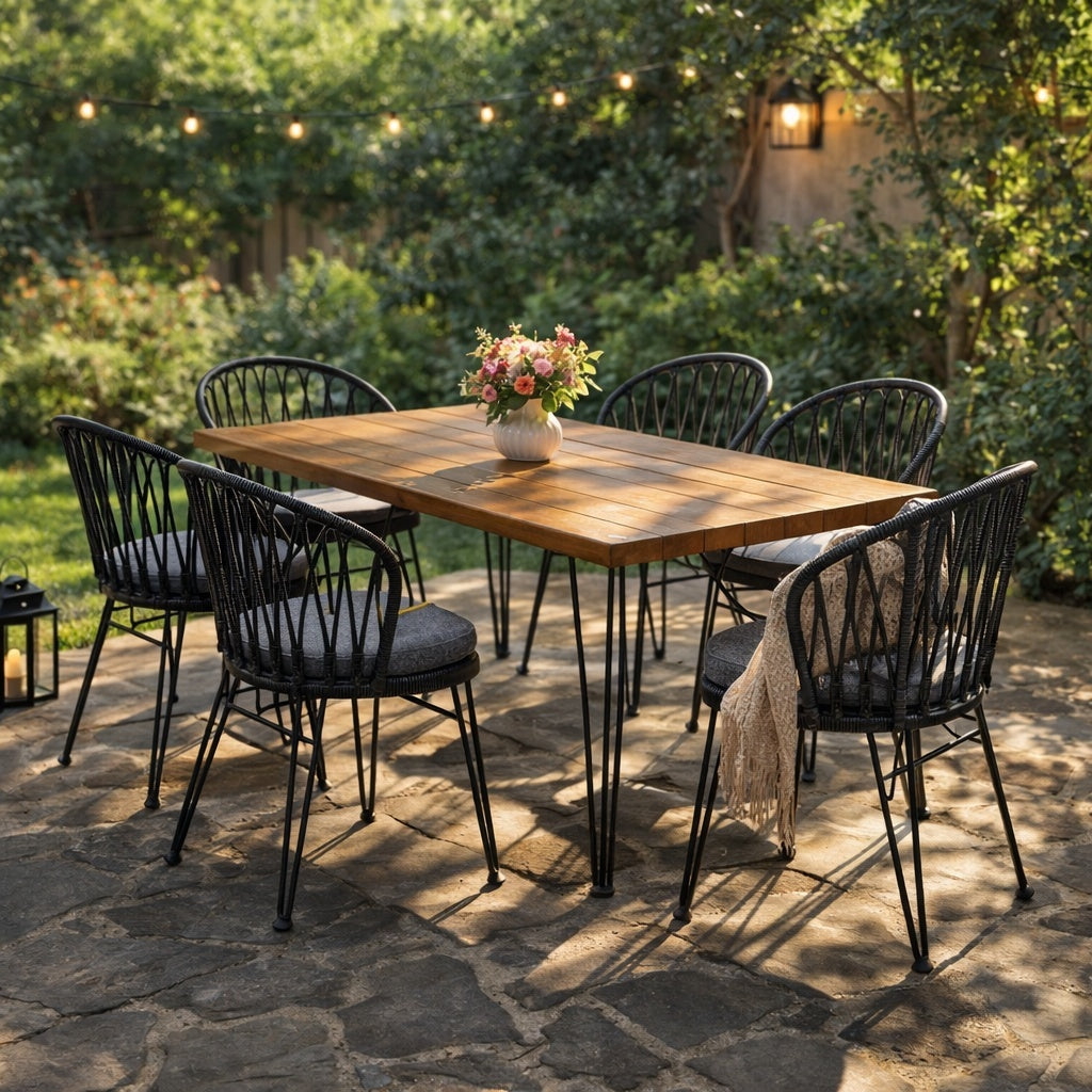7 PCS Outdoor Dining Set with Acacia Wood Table and Rattan Chairs