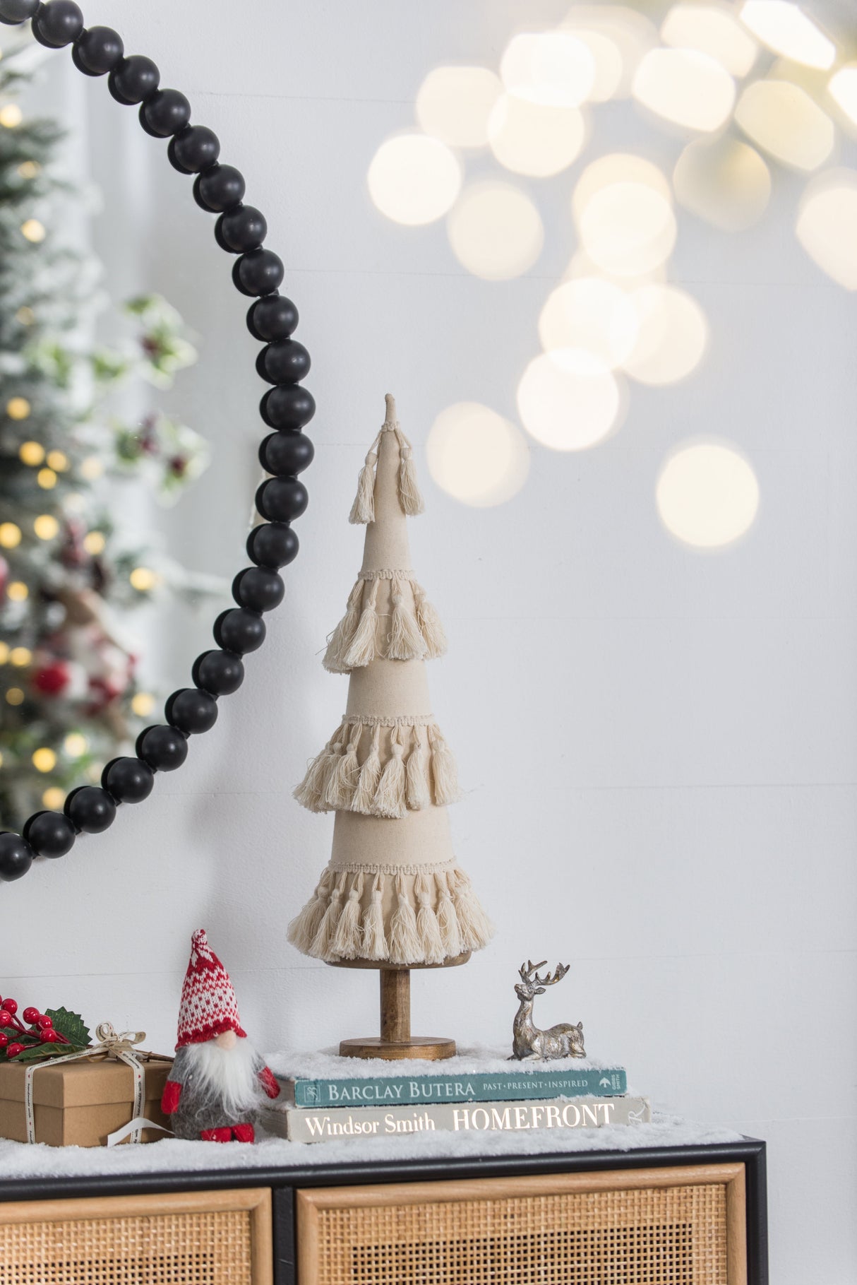 Fringes Embellished Cone With Wooden Base
