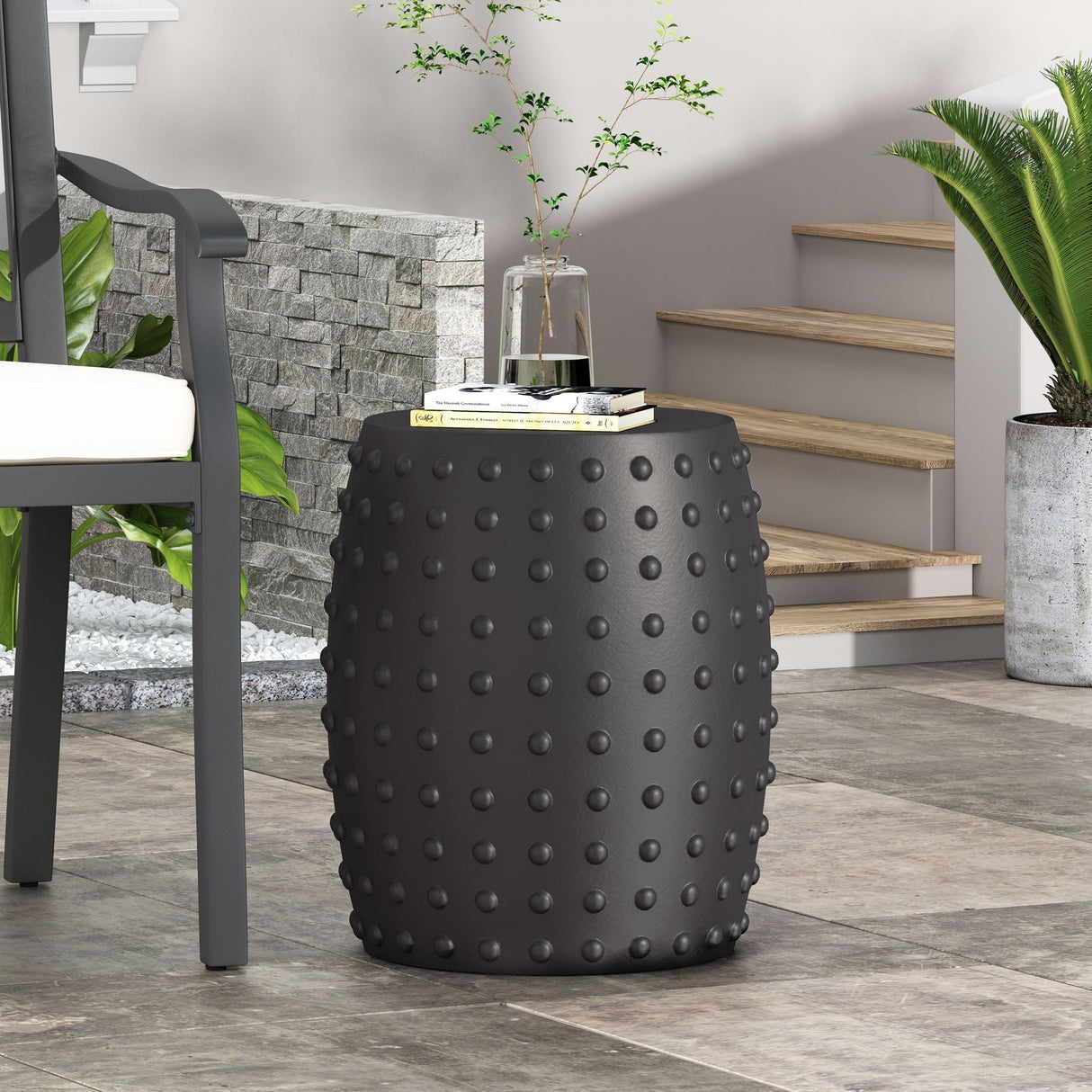 Outdoor End Table with Outstanding Studded Design - Matte Black
