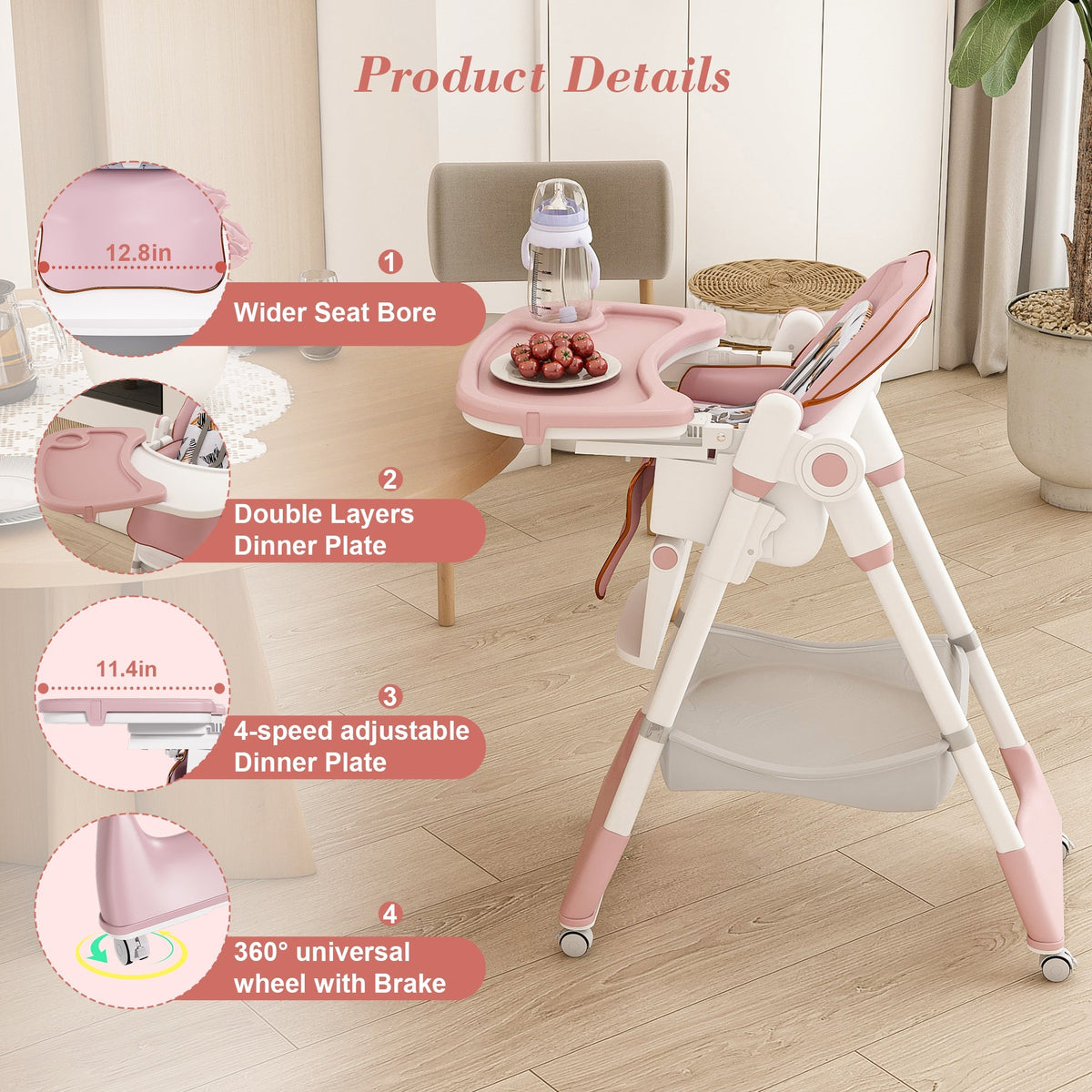 Adjustable Baby High Chair with Safety Belt and Lockable Wheels – Pink