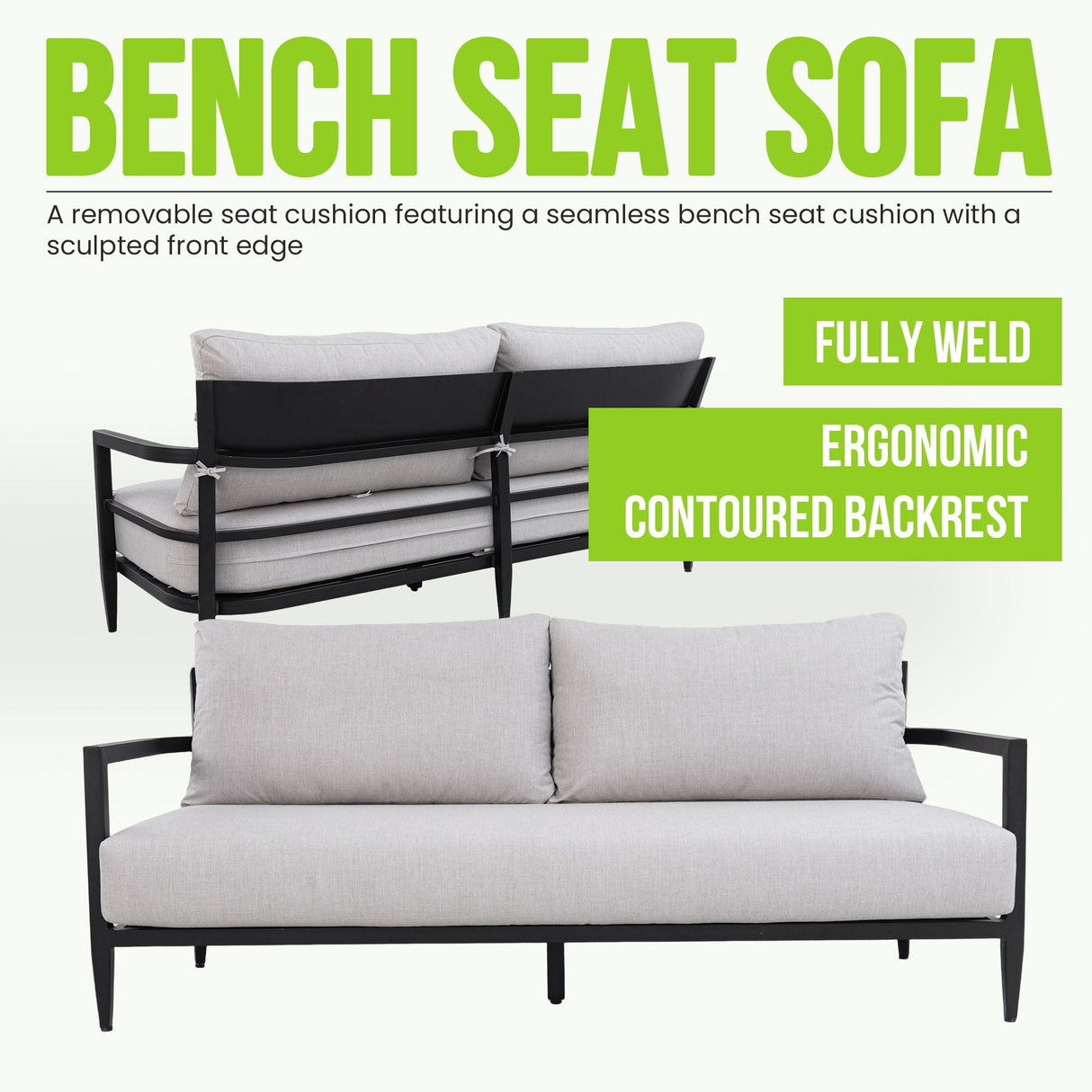 Outdoor Conversation Set With Chairs, Bench Sofa, Tables, Sunbrella Cushions