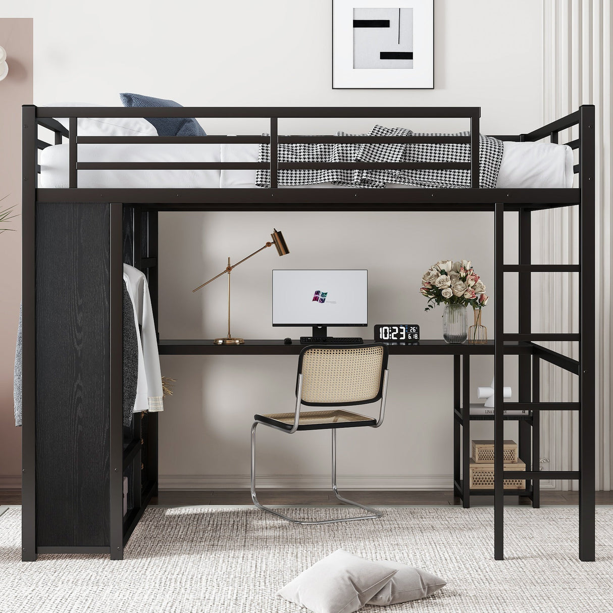 Full Size Loft Bed Frame with Built-in Wardrobe, Metal Loft Bed with Desk and Storage Shelves