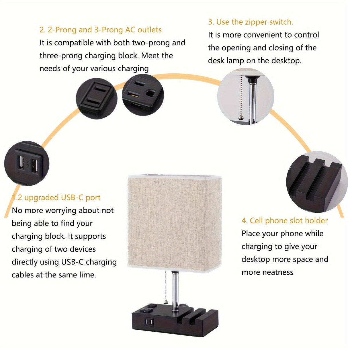 USB Table Lamp with AC Outlet – 3 Color Bedside Lamp with Fabric Shade & Bulb