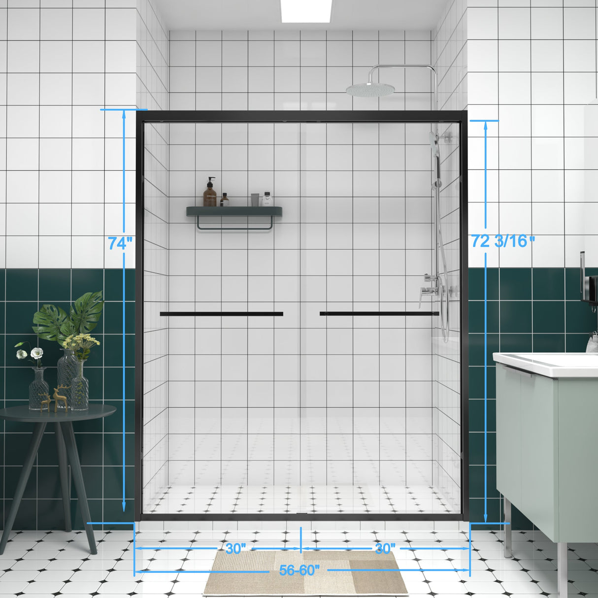 56-60"x74" Aluminum Frame Double Sliding Shower Door