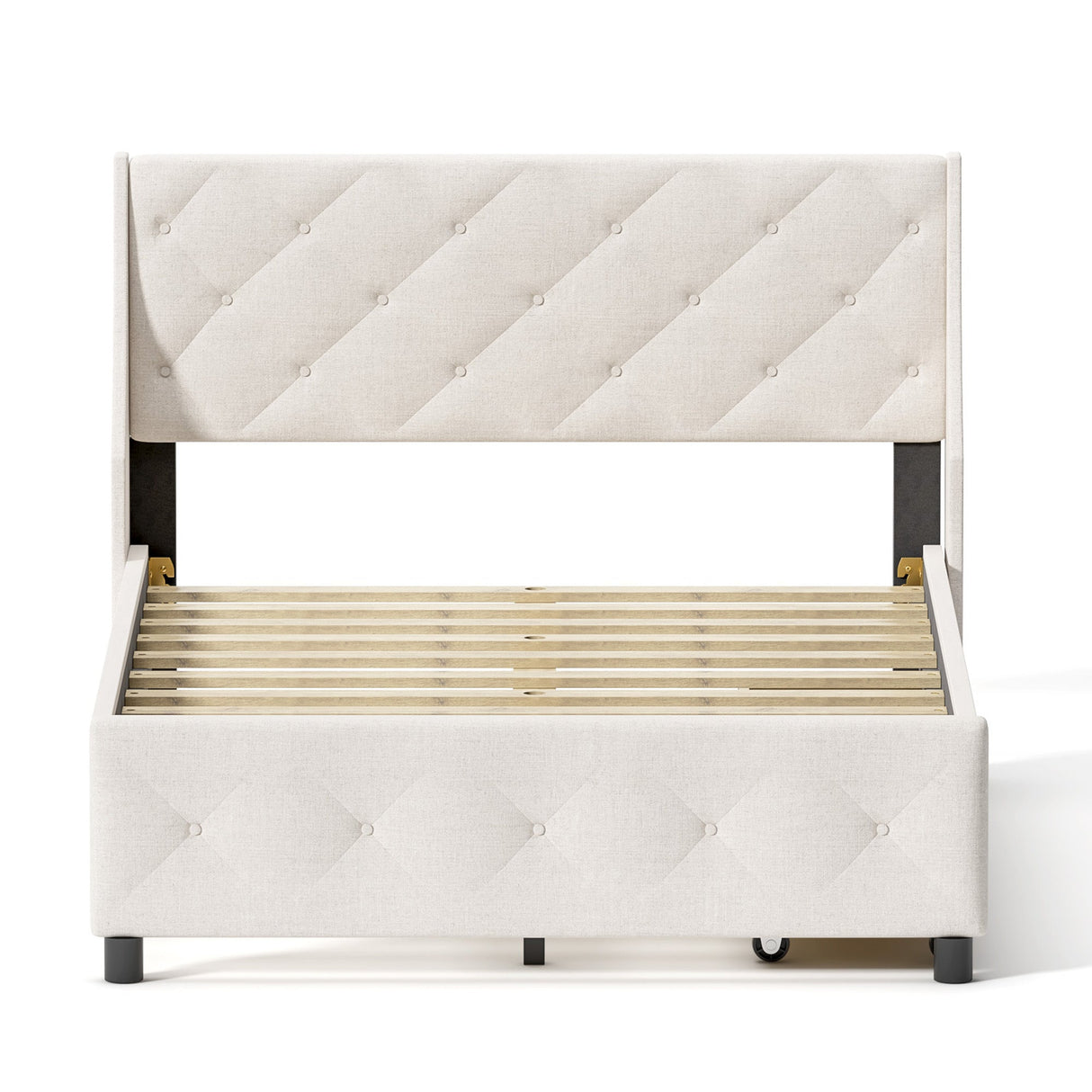 Queen Size Rubber Wood Bed Frame with Storage Headboard & Drawers