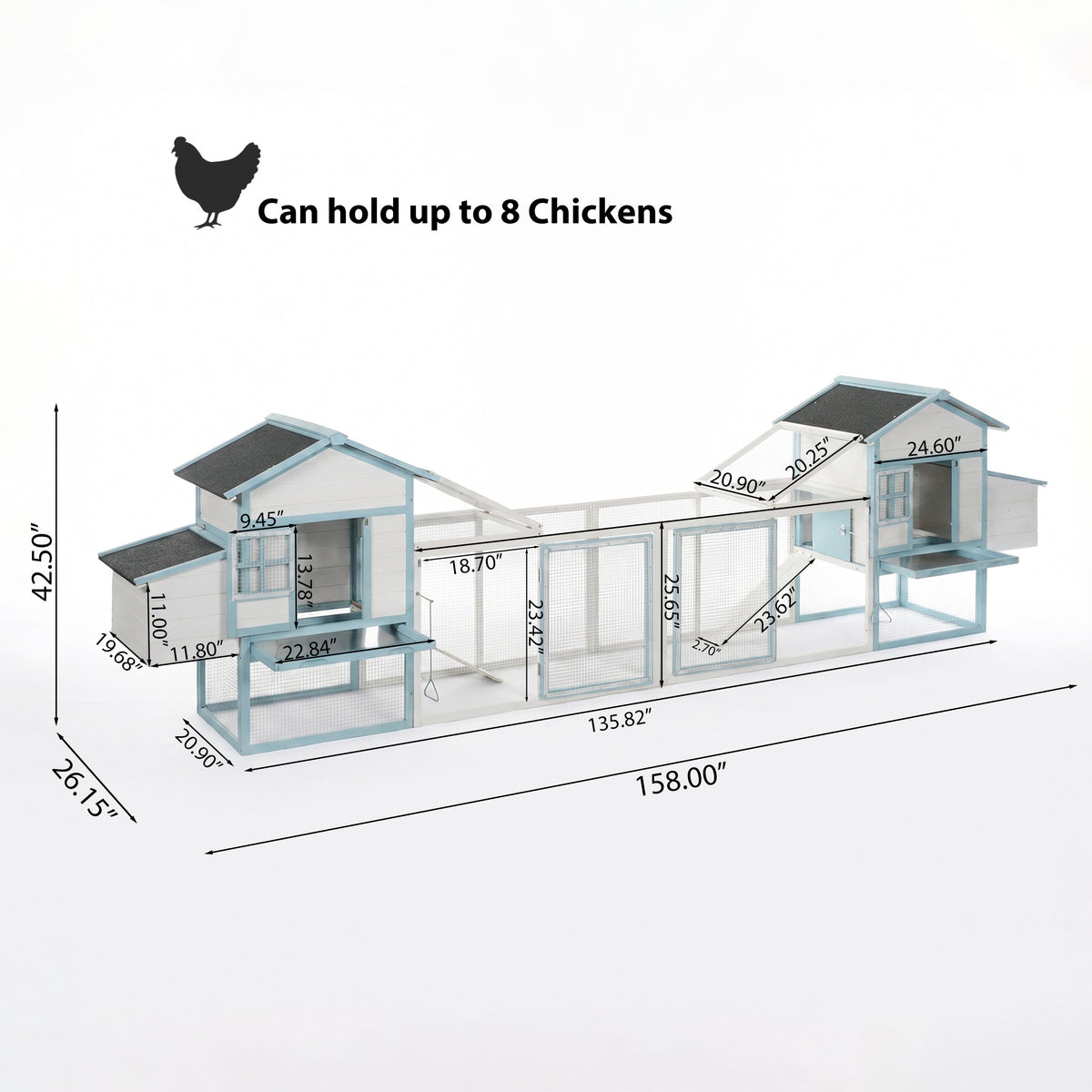 Large Wooden Chicken Coop with Double Nesting Boxes, Outdoor Walk-In Chicken Run with Waterproof Asphalt Roof, Fir Wood Poultry Cage with Pull-Out Dropping Trays