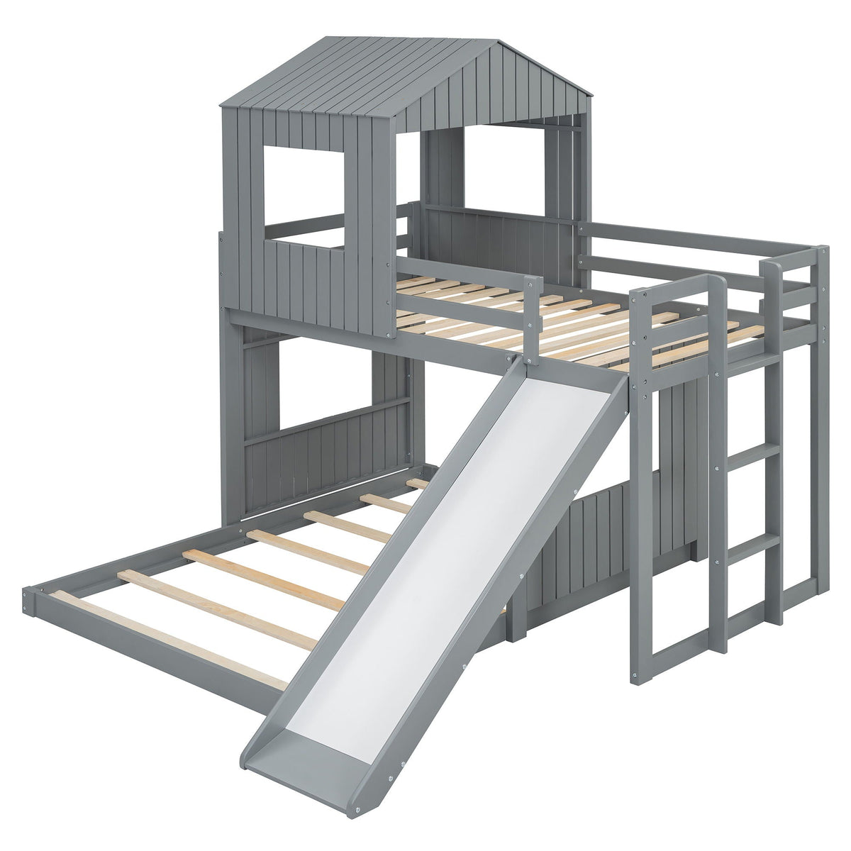 Loft Bunk Bed With Playhouse, Farmhouse, Ladder, Slide And Guardrails