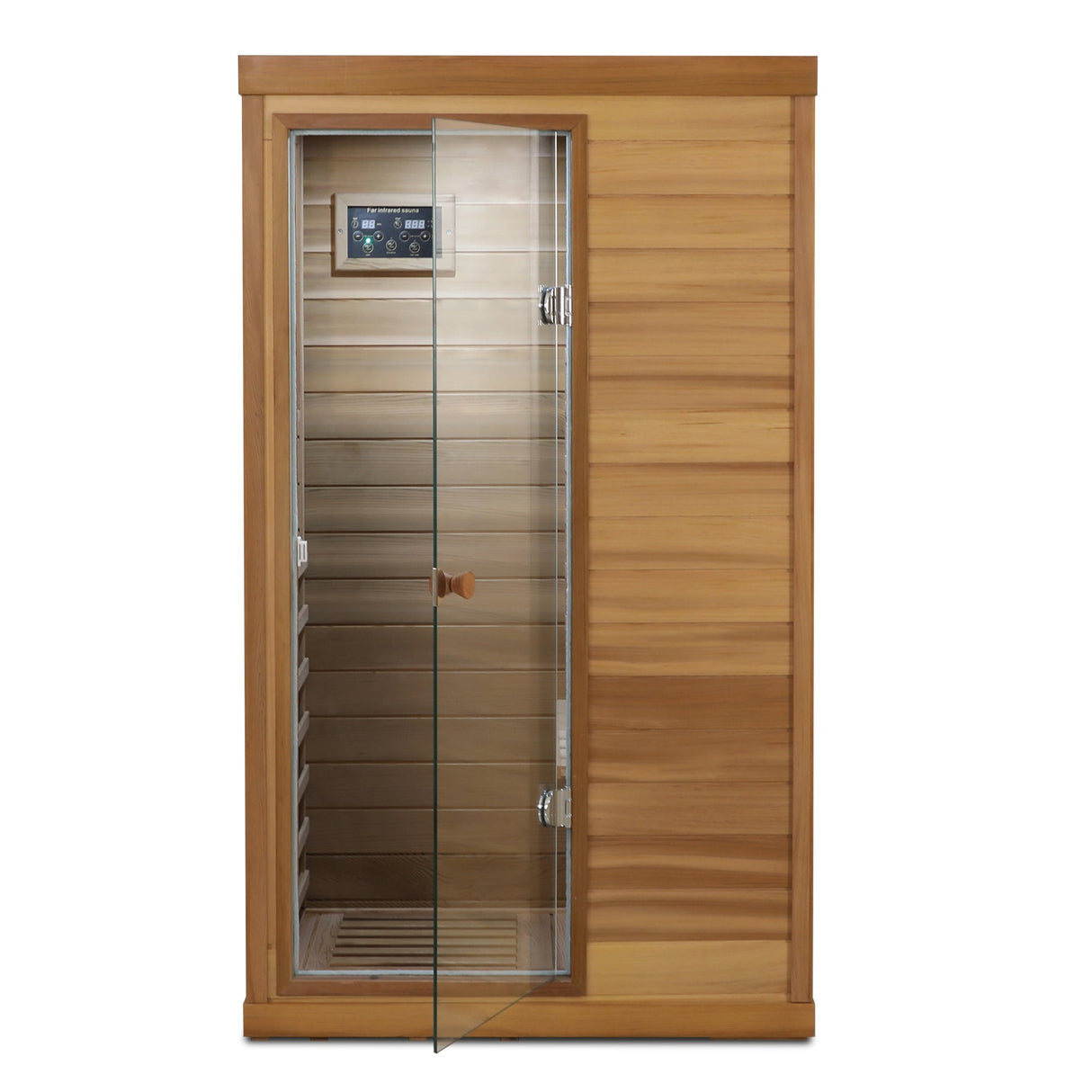 Red Cedar Mini One Person Far Infrared Indoor Sauna Room with Left Glass Door, Natural Wood & Caramel