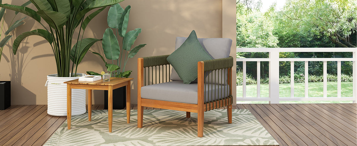 Acacia Wood Outdoor Club Chair with Handwoven Rope Accents - Natural
