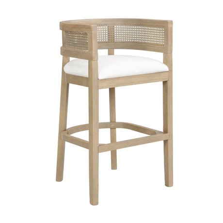 Wood-And-Rattan-Upholstered-Arm-Bar-Stools,-Set-of-2-Bar-Stools