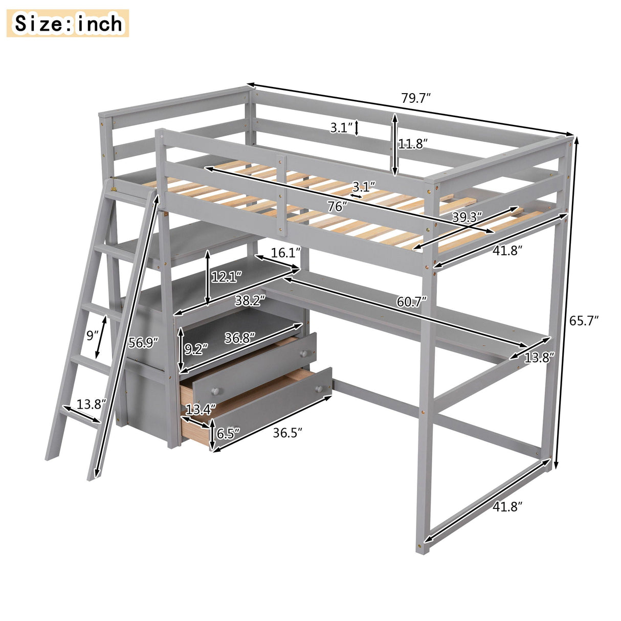 Modern Loft Bed With Built In Desk, Shelves, And 2 Drawers