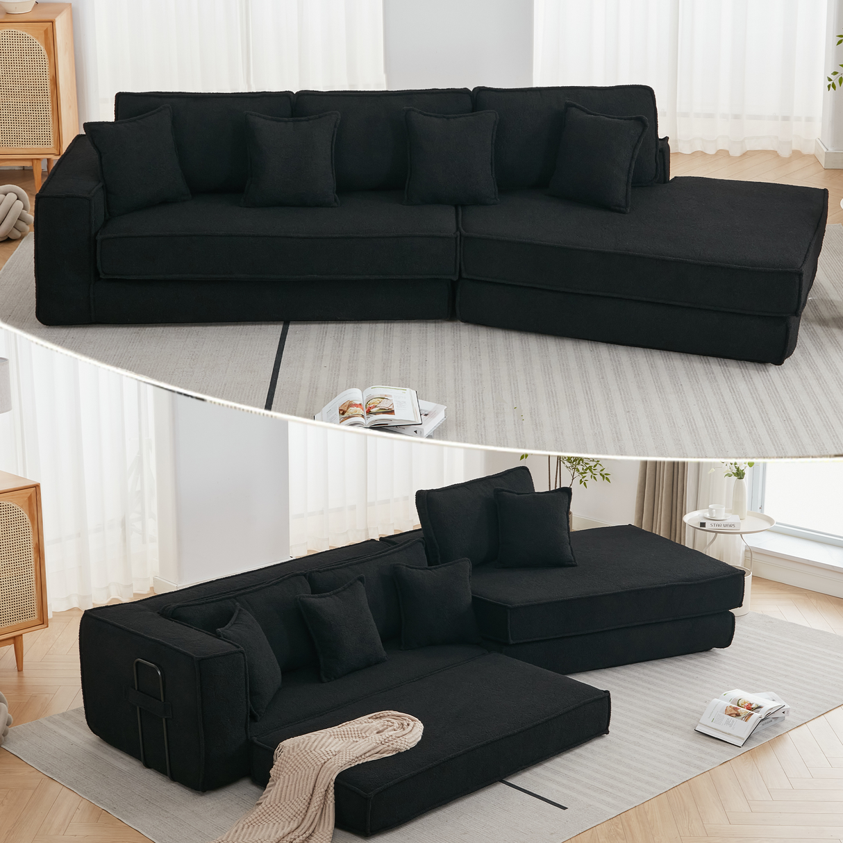 Folding Convertible Out Sleeper Sofa Bed 3-Seat Black