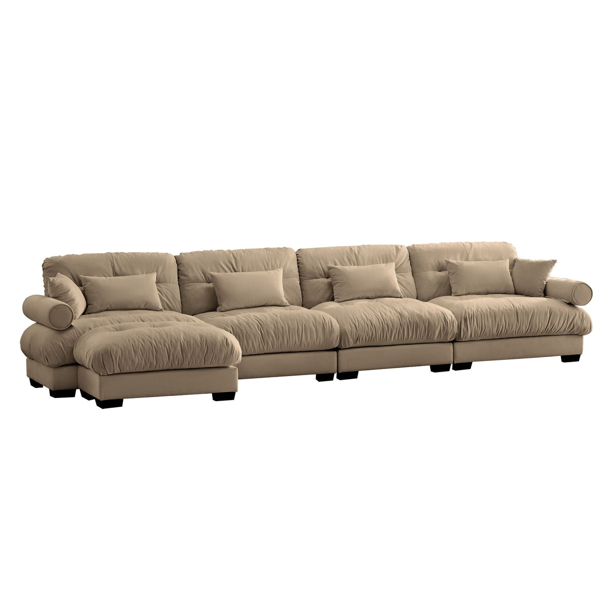 Modern Sectional Sofa With Ottoman, Round Bolster Armrests, Waist And Throw Pillows