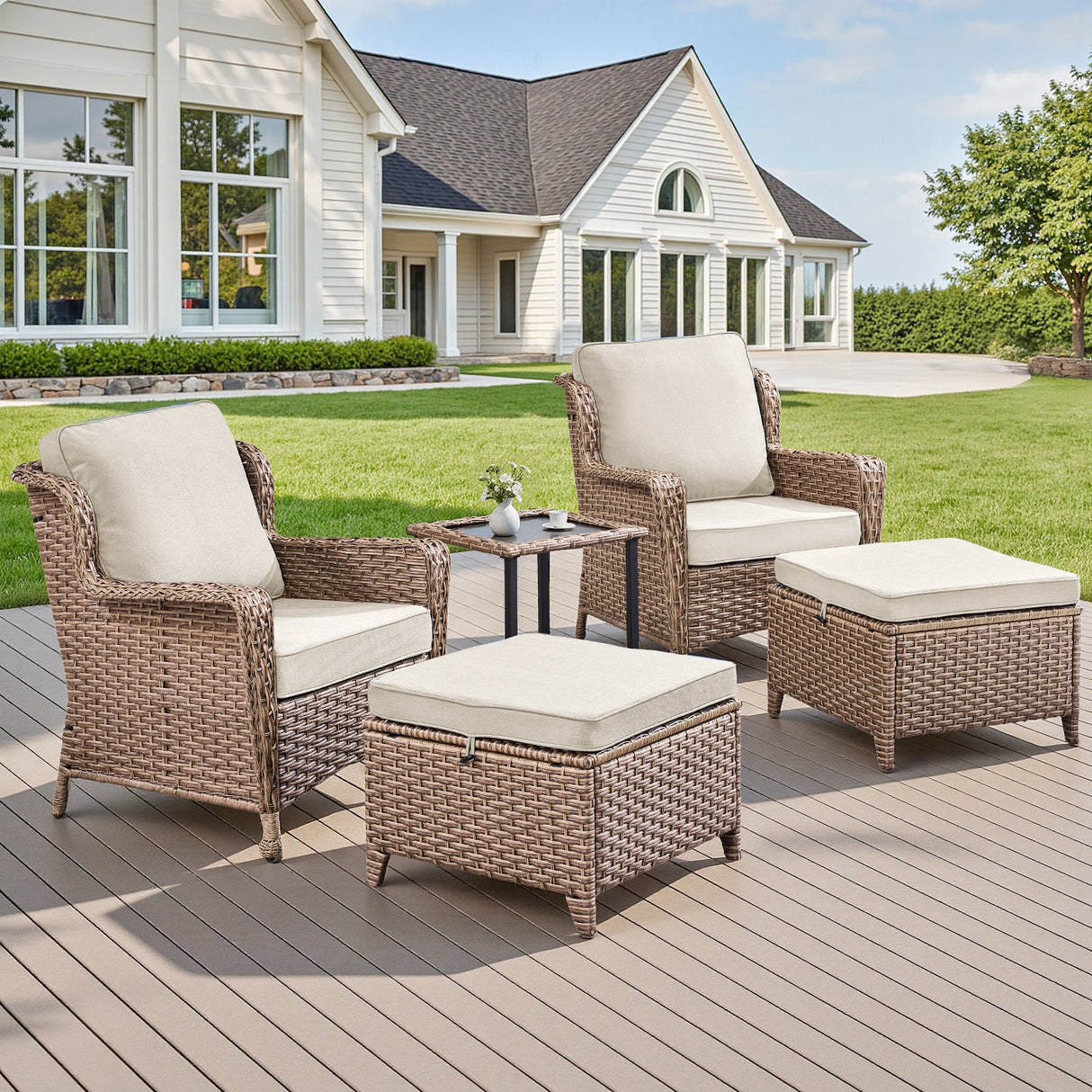 5-Piece Outdoor Lounge Chairs Set with Side Table and Ottomans