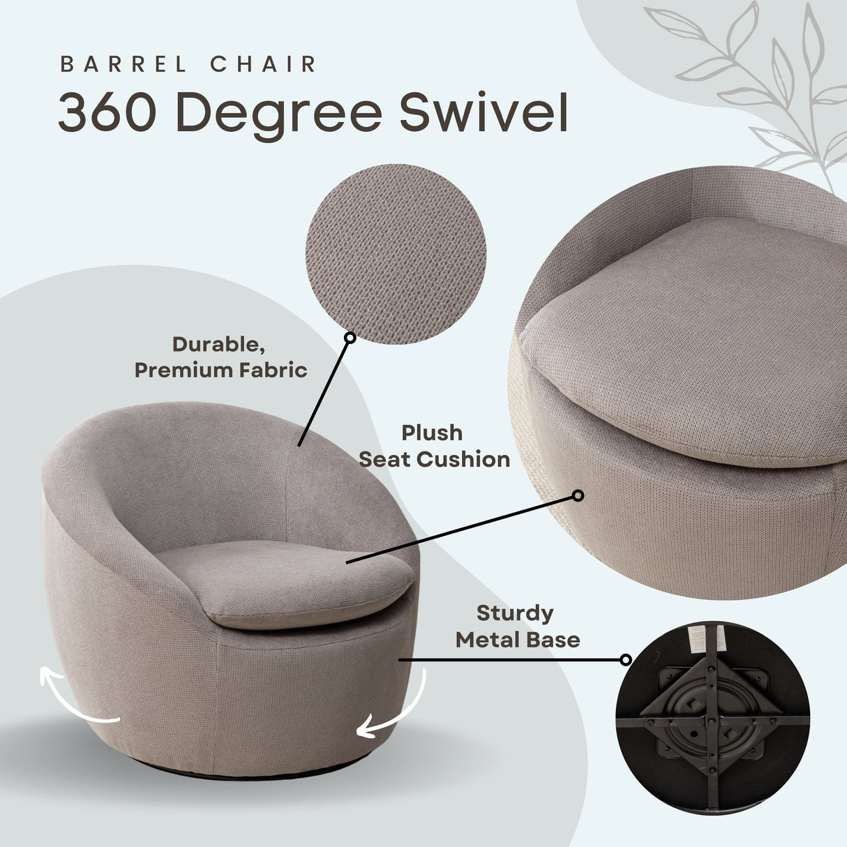 Winnie Modern Teddy Fabric Barrel Chair - 360° Swivel