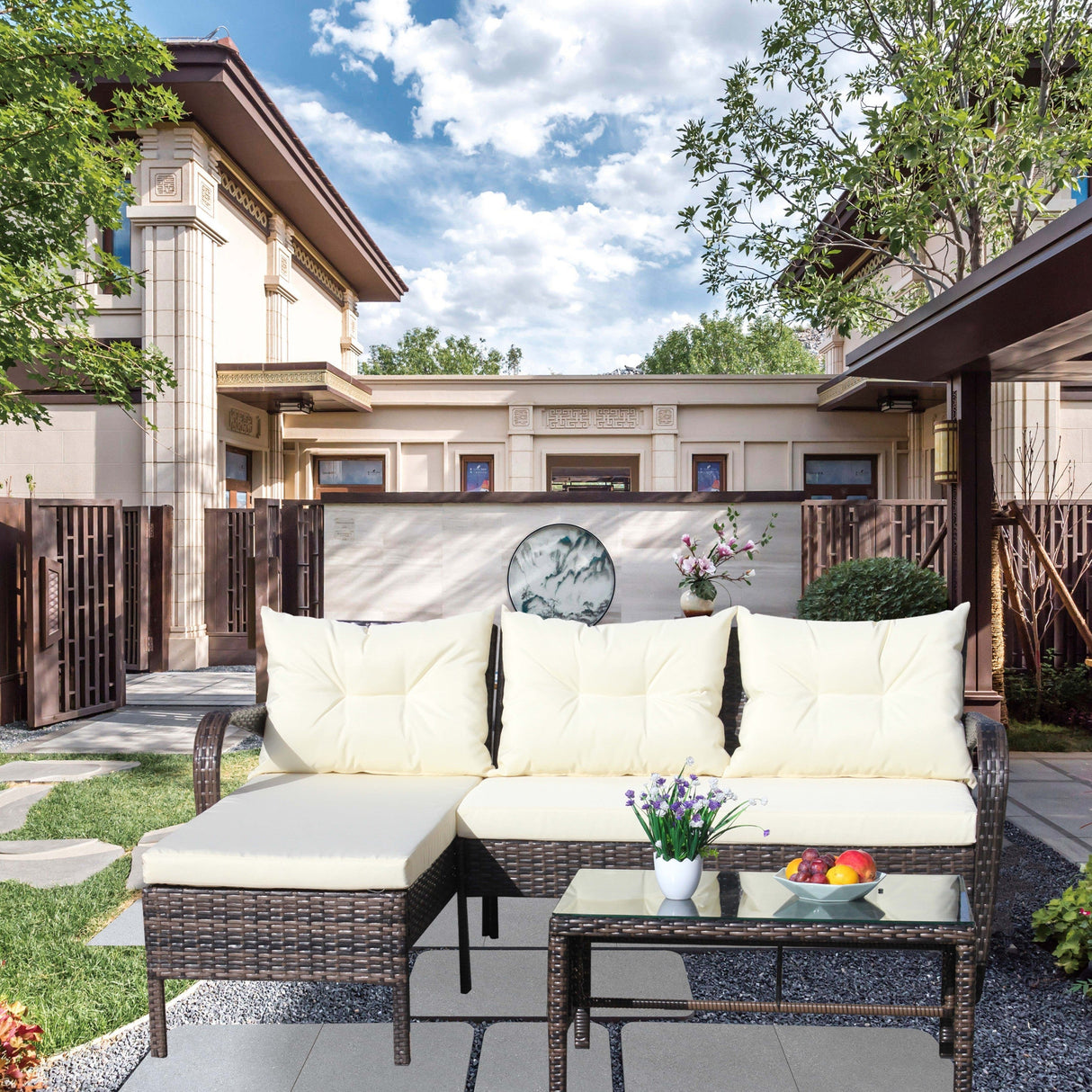 Outdoor Patio Furniture 3-Piece Conversation Set (Beige Cushion)