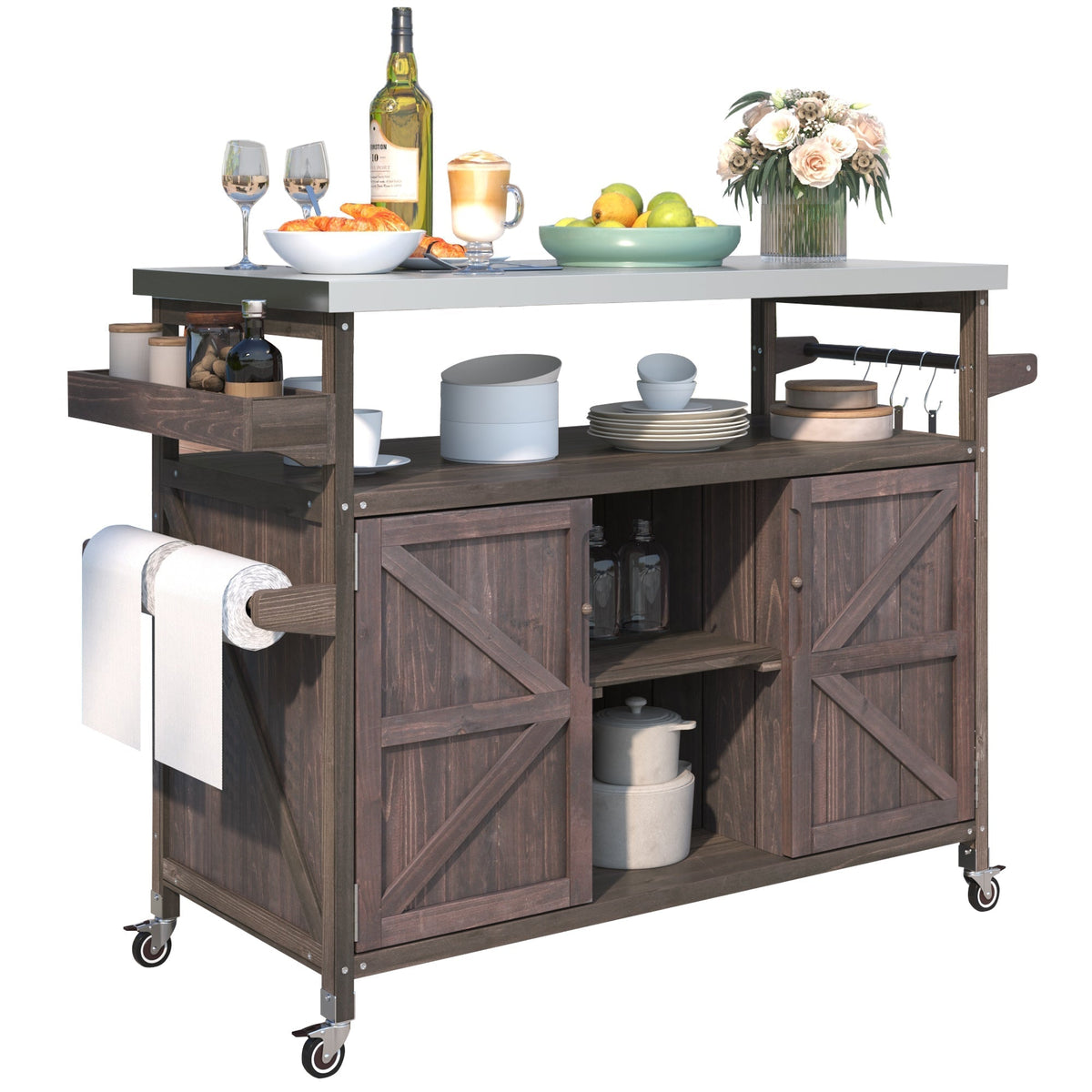 K&K Outdoor Kitchen Island, Rolling Bar Cart & Storage Cabinet
