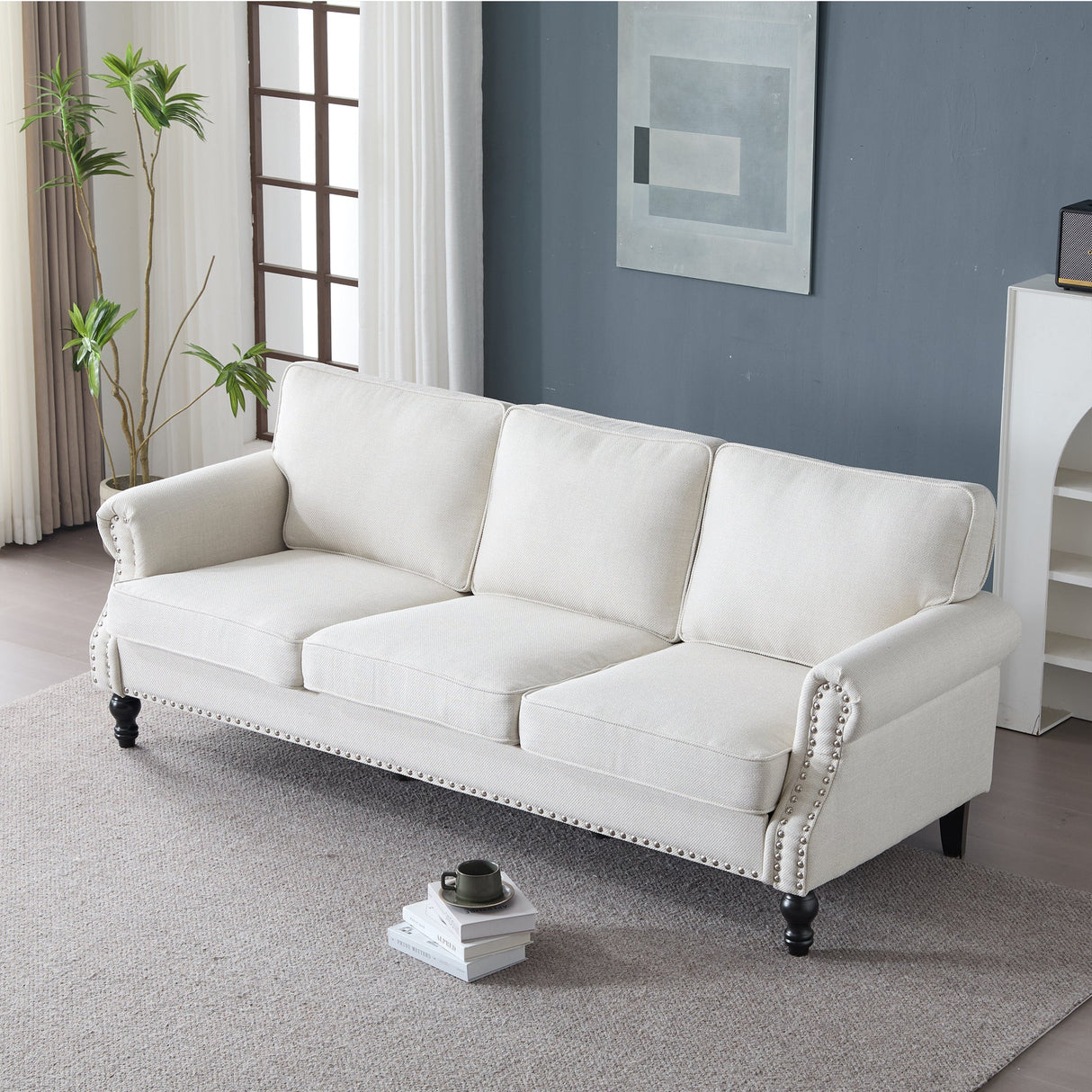 83 Inch Faux Leather Rolled Arm Sofa with Nailhead Trim