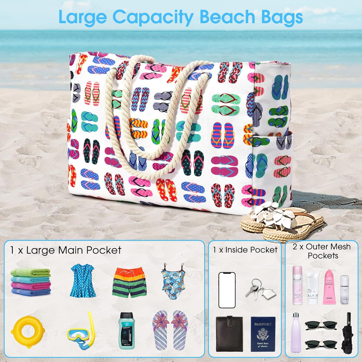 Waterproof Oversized Beach Tote Bag 20L Sandproof Zip Travel Carryall