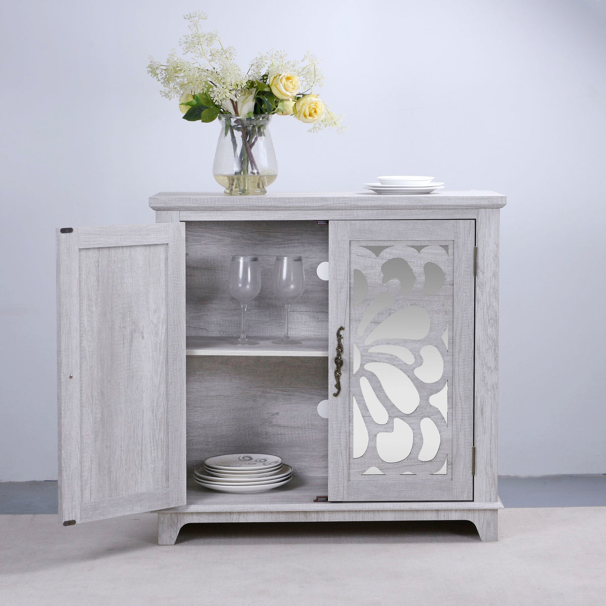 Elegant Sideboard With 2 Acrylic Mirrored Doors, Adjustable Shelf Storage