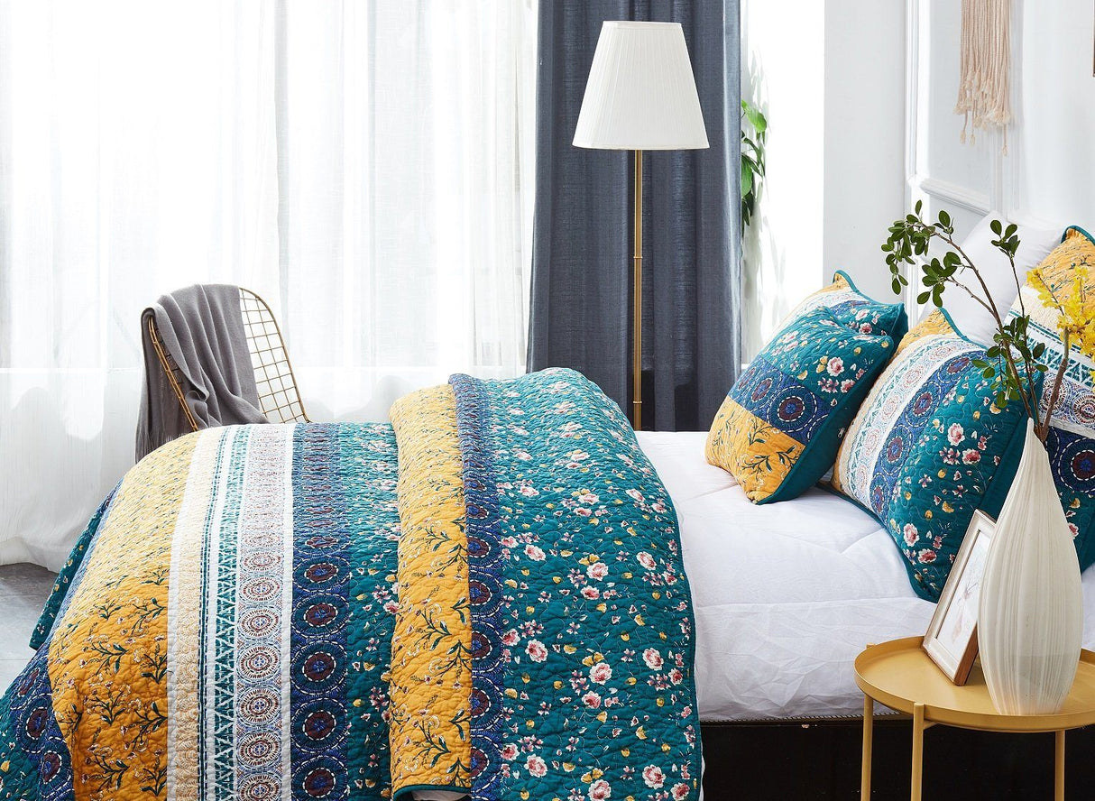 DaDa Bedding Bohemian Patchwork Bed of Wild Flowers Floral Gardenia Green Bedspread Set (JHW-886)
