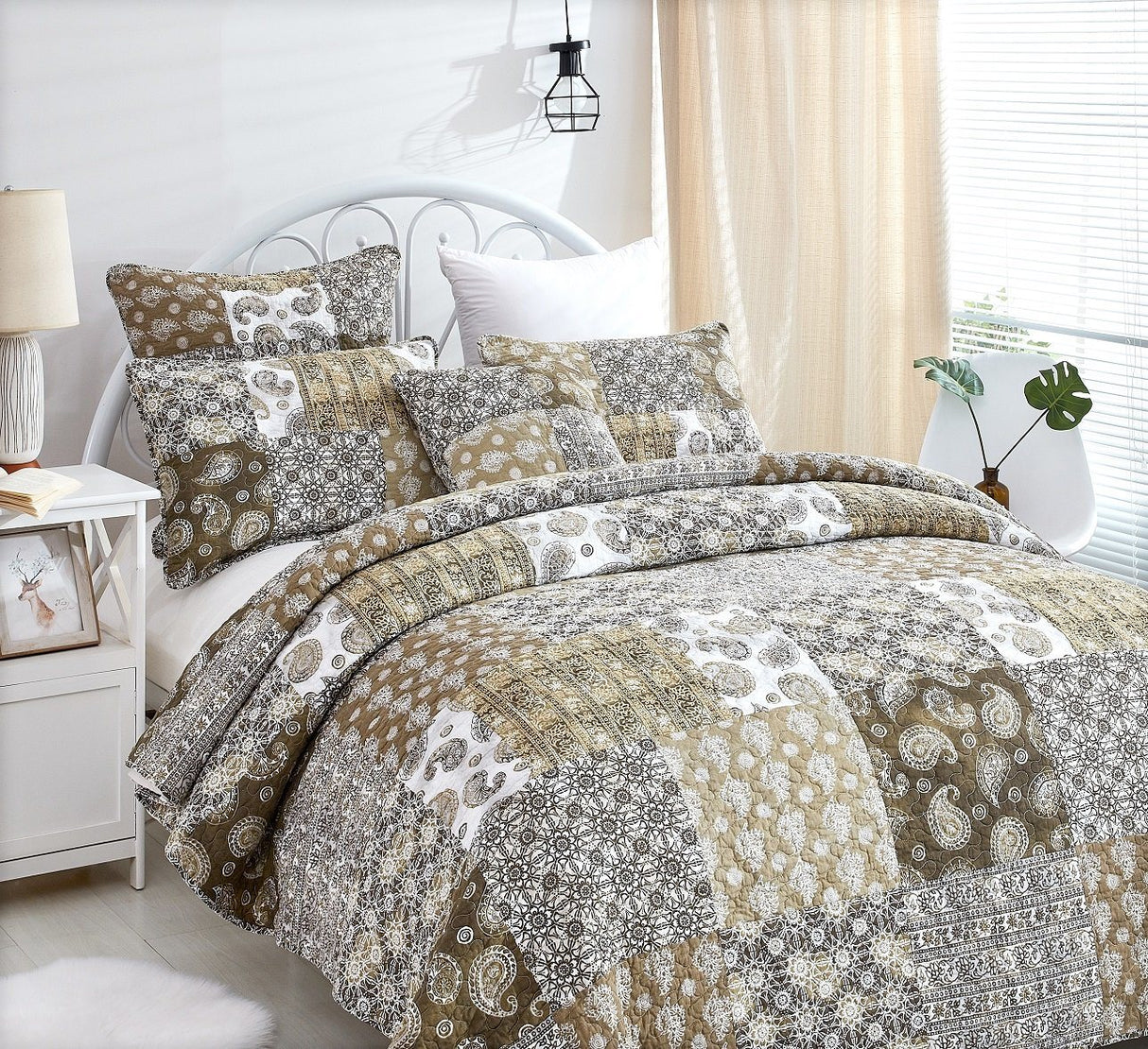 DaDa Bedding Bohemian Olive Brown Moroccan Paisley Floral Filigree Patchwork Cotton Bedspread Set (JHW-885)
